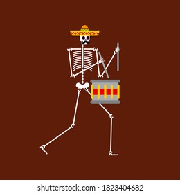 Skeleton and drum. Dead man with musical instrument. Dead music band. Skull in sombrero. Day of dead in mexico.