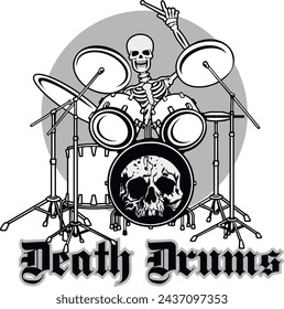 skeleton with drum kit, grunge vintage design t shirts