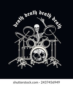 skeleton with drum kit, grunge vintage design t shirts