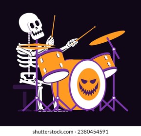 Skeleton drummer plays a drum set. Halloween skeleton plays the drums. Looping animation with alpha channel.