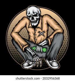 Skeleton drunk illustration. Premium vector