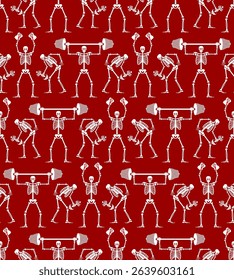 Skeleton and dumbbell pattern seamless. Skeletons and barbell and kettlebell background. Skull and bones and sport texture. Athletic dead man. Fitness bones ornament