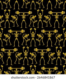 Skeleton and dumbbell pattern seamless. Skeletons and barbell and kettlebell background. Skull and bones and sport texture. Athletic dead man. Fitness bones ornament
