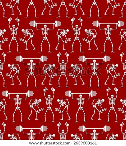 Skeleton and dumbbell pattern seamless. Skeletons and barbell and kettlebell background. Skull and bones and sport texture. Athletic dead man. Fitness bones ornament
