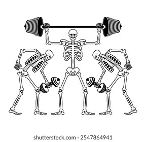 Skeleton and dumbbell. Skeletons and barbell and kettlebell. Skull and bones and sport. Athletic dead man. Fitness bones 