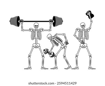 Skeleton and dumbbell. Skeletons and barbell and kettlebell. Skull and bones and sport. Athletic dead man. Fitness bones 