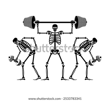 Skeleton and dumbbell. Skeletons and barbell and kettlebell. Skull and bones and sport. Athletic dead man. Fitness bones 