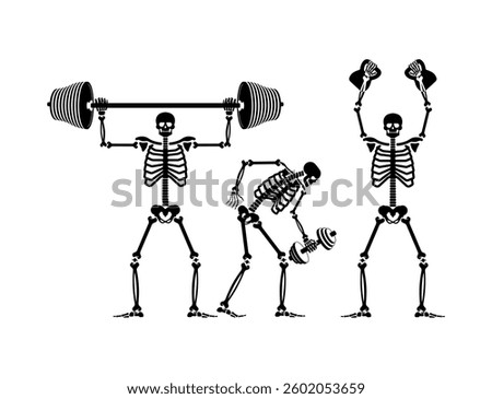 Skeleton and dumbbell. Skeletons and barbell and kettlebell. Skull and bones and sport. Athletic dead man. Fitness bones 
