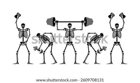 Skeleton and dumbbell. Skeletons and barbell and kettlebell. Skull and bones and sport. Athletic dead man. Fitness bones 