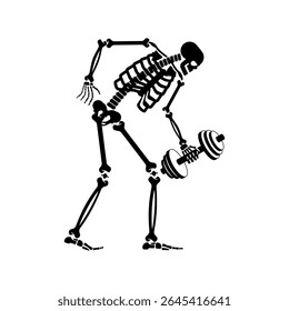 Skeleton with dumbbell. Skull and bones and sport. Athletic dead man. Fitness bones