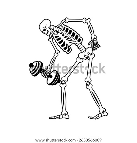 Skeleton with dumbbell. Skull and bones and sport. Athletic dead man. Fitness bones