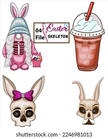 Skeleton easter bunny gnome vector illustration set