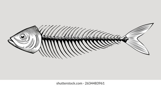 Skeleton of an eaten herring fish. Vector illustration in vintage black and white engraving style. NOT AI generated