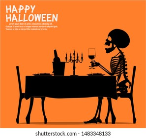 A skeleton is eating dinner in the Halloween night, lonely.
