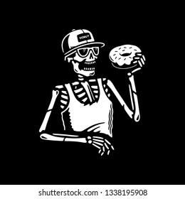 SKELETON EATING DONUT BLACK BACKGROUND