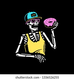 SKELETON EATING DONUT COLOR BLACK BACKGROUND