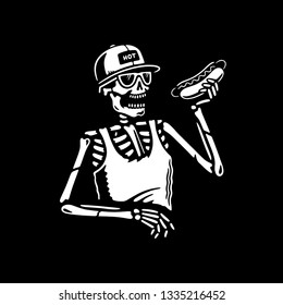 SKELETON EATING HOT DOG BLACK BACKGROUND