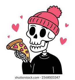 Skeleton Eating Pizza with Heart-Shaped Toppings Illustration