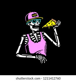 SKELETON EATING PIZZA MULTICOLOR BLACK BACKGROUND