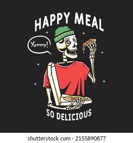 Skeleton eating pizza vector illustration