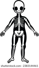 Skeleton, educational anatomy illustration for kids. Cute cartoon little human isolated vector on white background.
