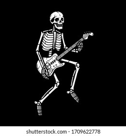 SKELETON WITH ELECTRIC GUITAR WHITE BLACK BACKGROUND
