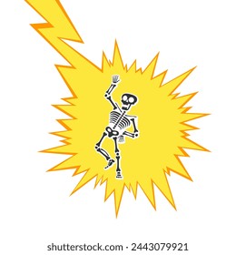 Skeleton electric shock by high voltage or lighting electrocuted caution silhouette flat style design vector illustration. A funny human skeleton had an electric shock or lightning strike.