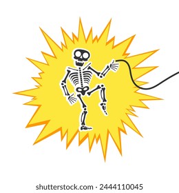 Skeleton electric shock by high voltage or lighting electrocuted caution silhouette flat style design vector illustration. A funny human skeleton had an electric shock or lightning strike.