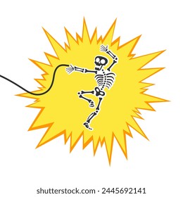 Skeleton electric shock by high voltage or lighting electrocuted caution silhouette flat style design vector illustration. A funny human skeleton had an electric shock or lightning strike.