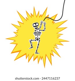 Skeleton electric shock by high voltage or lighting electrocuted caution silhouette flat style design vector illustration. A funny human skeleton had an electric shock or lightning strike.