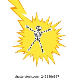 Skeleton electric shock by high voltage or lighting electrocuted caution silhouette flat style design vector illustration. A funny human skeleton had an electric shock or lightning strike.