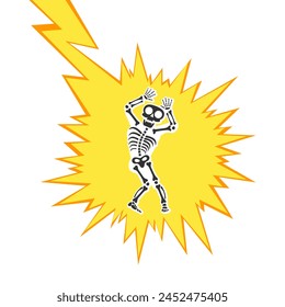 Skeleton electric shock by high voltage or lighting electrocuted caution silhouette flat style design vector illustration. A funny human skeleton had an electric shock or lightning strike.