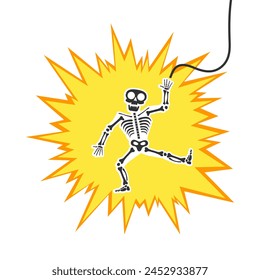 Skeleton electric shock by high voltage or lighting electrocuted caution silhouette flat style design vector illustration. A funny human skeleton had an electric shock or lightning strike.