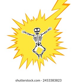 Skeleton electric shock by high voltage or lighting electrocuted caution silhouette flat style design vector illustration. A funny human skeleton had an electric shock or lightning strike.