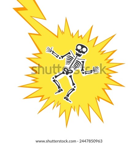 Skeleton electric shock by high voltage or lighting electrocuted caution silhouette flat style design vector illustration. A funny human skeleton had an electric shock or lightning strike.