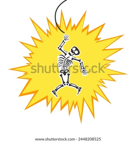 Skeleton electric shock by high voltage or lighting electrocuted caution silhouette flat style design vector illustration. A funny human skeleton had an electric shock or lightning strike.