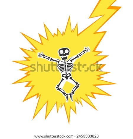 Skeleton electric shock by high voltage or lighting electrocuted caution silhouette flat style design vector illustration. A funny human skeleton had an electric shock or lightning strike.