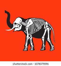 Skeleton of an elephant on an orange background. Great for tattoo and printing on a T-shirt. Ideal for decoration of Halloween and the Day of the dead.