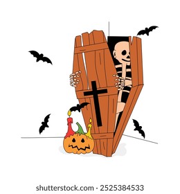 A skeleton emerges from a wooden coffin, ready for Halloween mischief