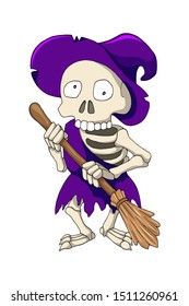 Skeleton of evil witch in violet tattered hat with a broom. Purple monster emoji of the wicked hag with a bony grin. Halloween Mystic Mage Cartoon Character Vector Illustration isolated on white