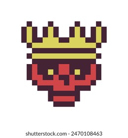 Skeleton face, skull crown pixel art icon emoticon cartoon character. 8-bit style. Flat style. Isolated abstract vector illustration.