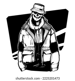 Skeleton fashion with panama. Transparency friendly illustration isolated on white background. Hand drawn