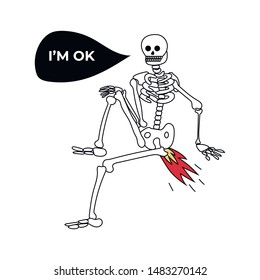 Skeleton With Fire Say I'm Ok. Professional Burnout. Ironic Vector Illustration.