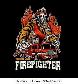 skeleton of firefighter holding the axe with fire behind