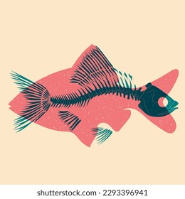 Skeleton of fish. Colorful cute screen printing effect. Riso print effect. Vector illustration. Graphic element  for fabric, textile, clothing, wrapping paper, wallpaper, poster. 