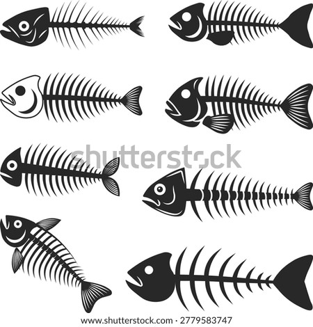 Skeleton Fish Icons Set Silhouette, Fish Skeleton Bones Elements Collection Silhouettes, Piranha vector illustration, Isolated on white background