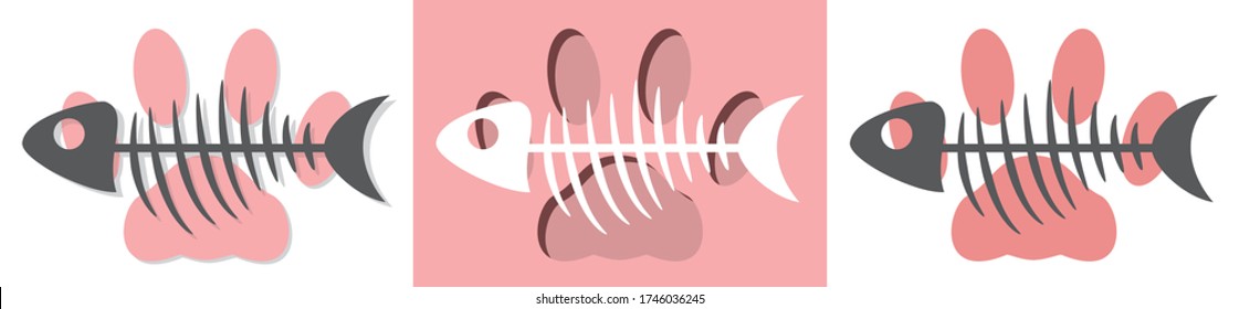 Skeleton of fish on the background of a voluminous cat footprint. Vector imprint of a cat's paw with fish bone. Three logo options for a veterinary clinic or animal rights organization