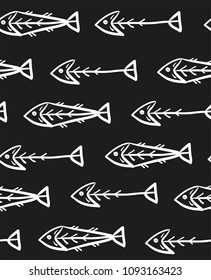 Skeleton fish seamless pattern, fish bones on dark background