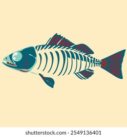 A skeleton fish is shown in a blue and white color scheme. The skeleton fish is drawn in a cartoon style, with a smile on its face. The fish is shown in a very light and airy color scheme