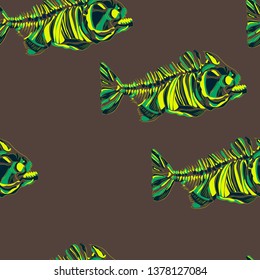 Skeleton fish. Vector image. Logo. Postcard. Symbol. Emblem. Seamless pattern 